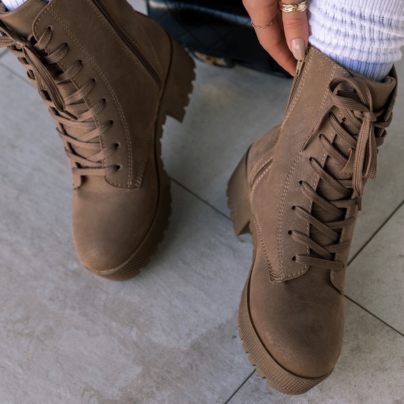 Taupe Lace Up Combat Boot - Picture 2 of 2